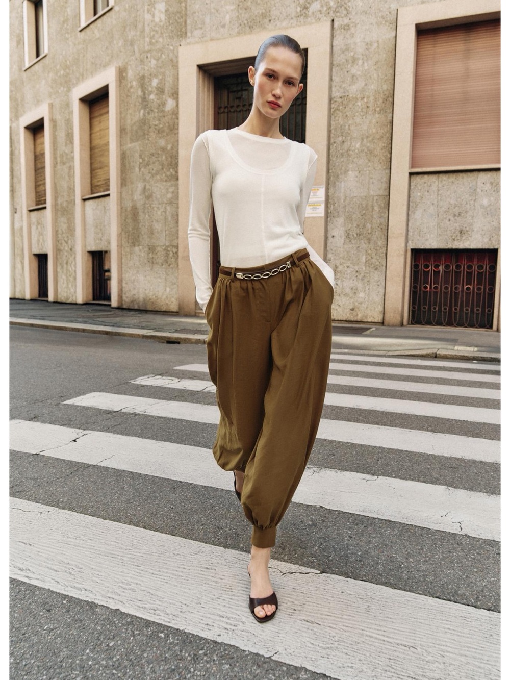 Zara Olive Green Harem Pants with Chain Belt